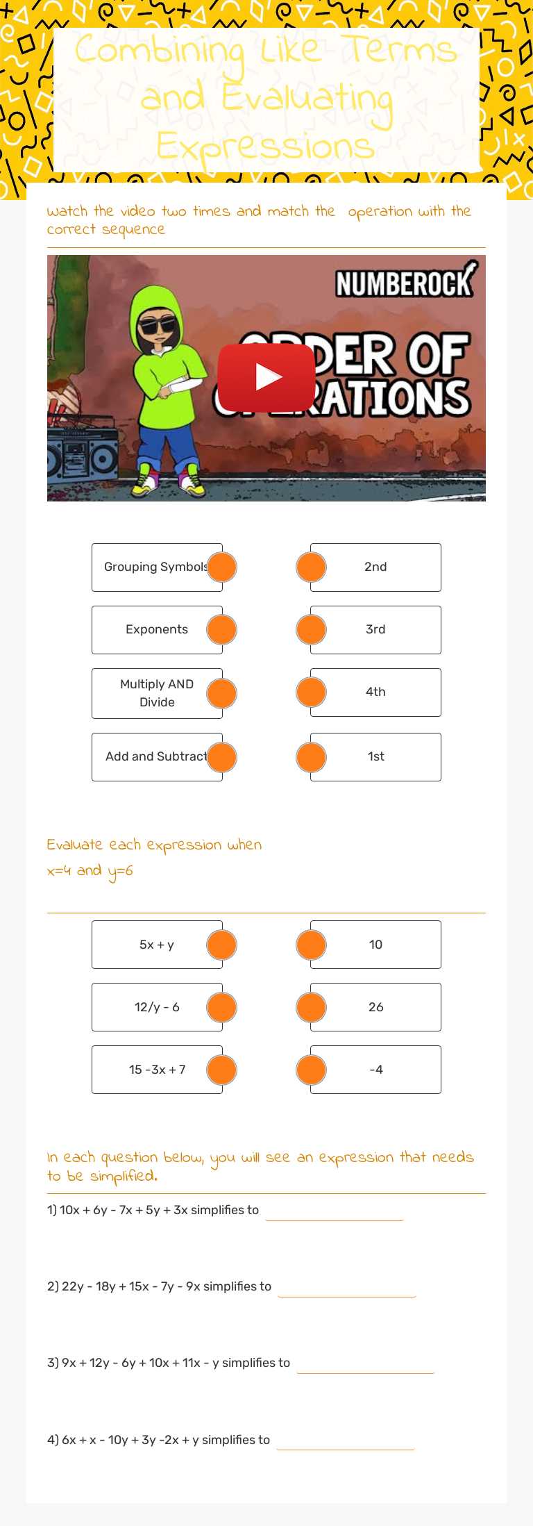 Combining Like Terms and Evaluating Expressions Grade 7 worksheet preview
