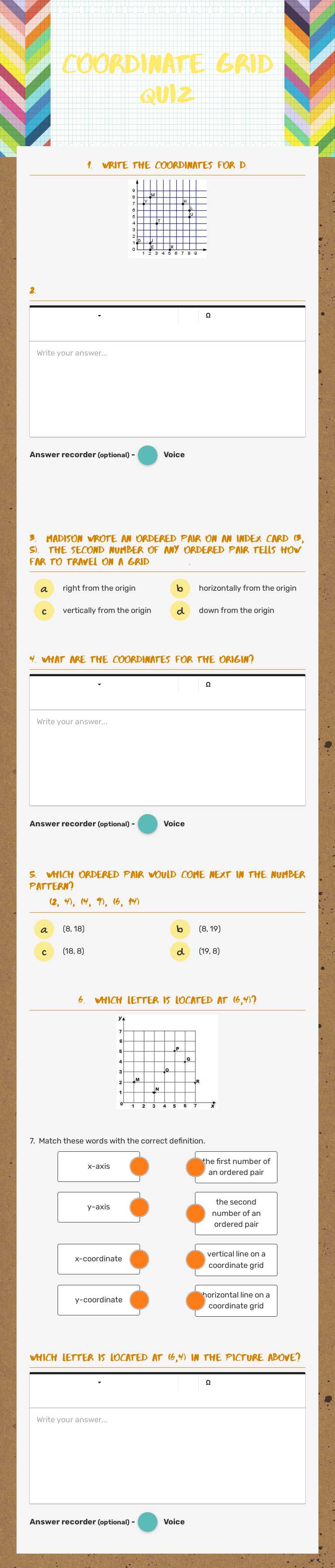 Coordinate Grid Quiz worksheet preview image