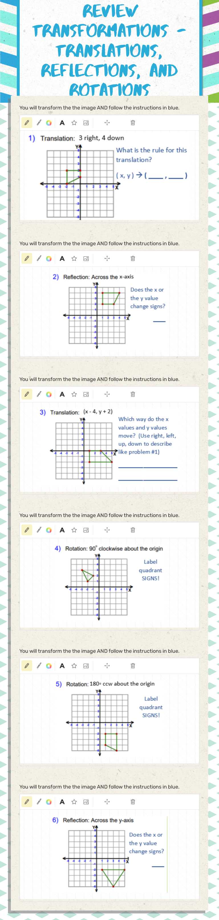 Review Transformations - TRANSLATIONS, REFLECTIONS, AND ROTATIONS Grade 8 worksheet preview