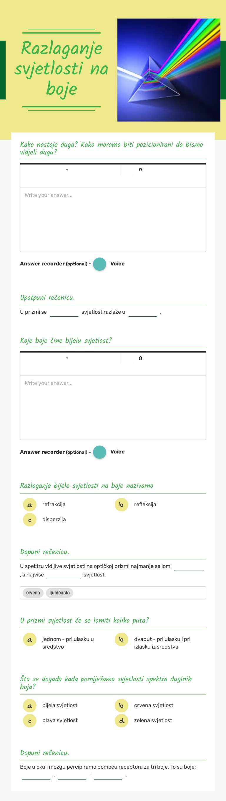 Razlaganje svjetlosti na boje worksheet preview image