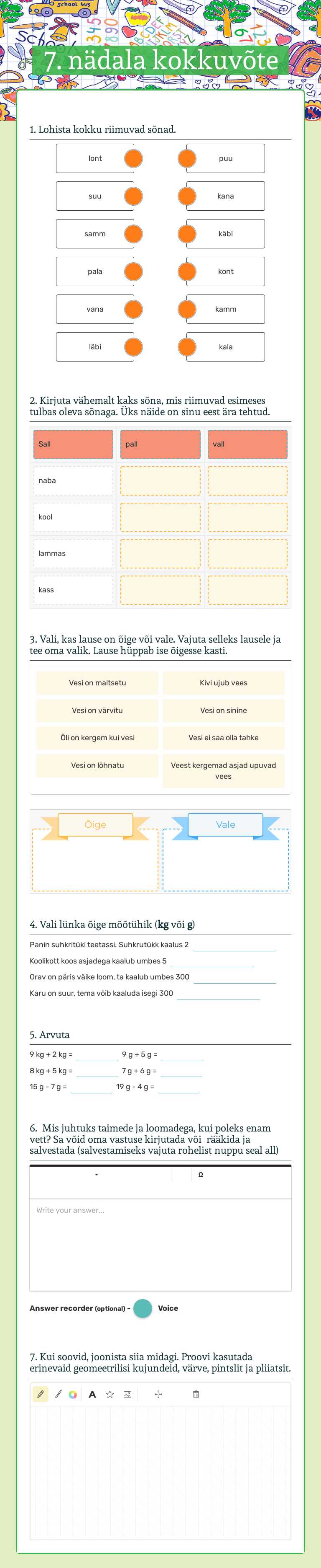 7. nädala kokkuvõte Grade 1 worksheet preview