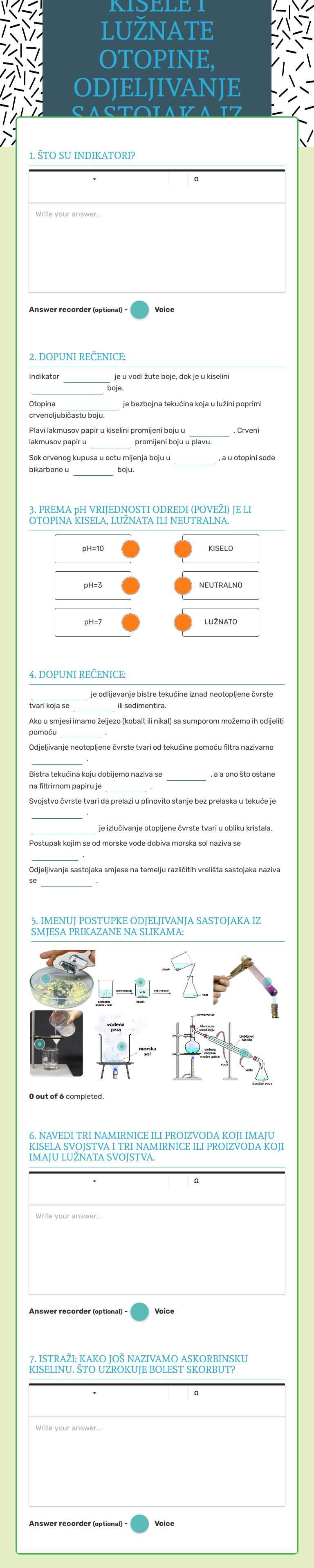 KISELE I LUŽNATE OTOPINE, ODJELJIVANJE SASTOJAKA IZ SMJESA worksheet preview image