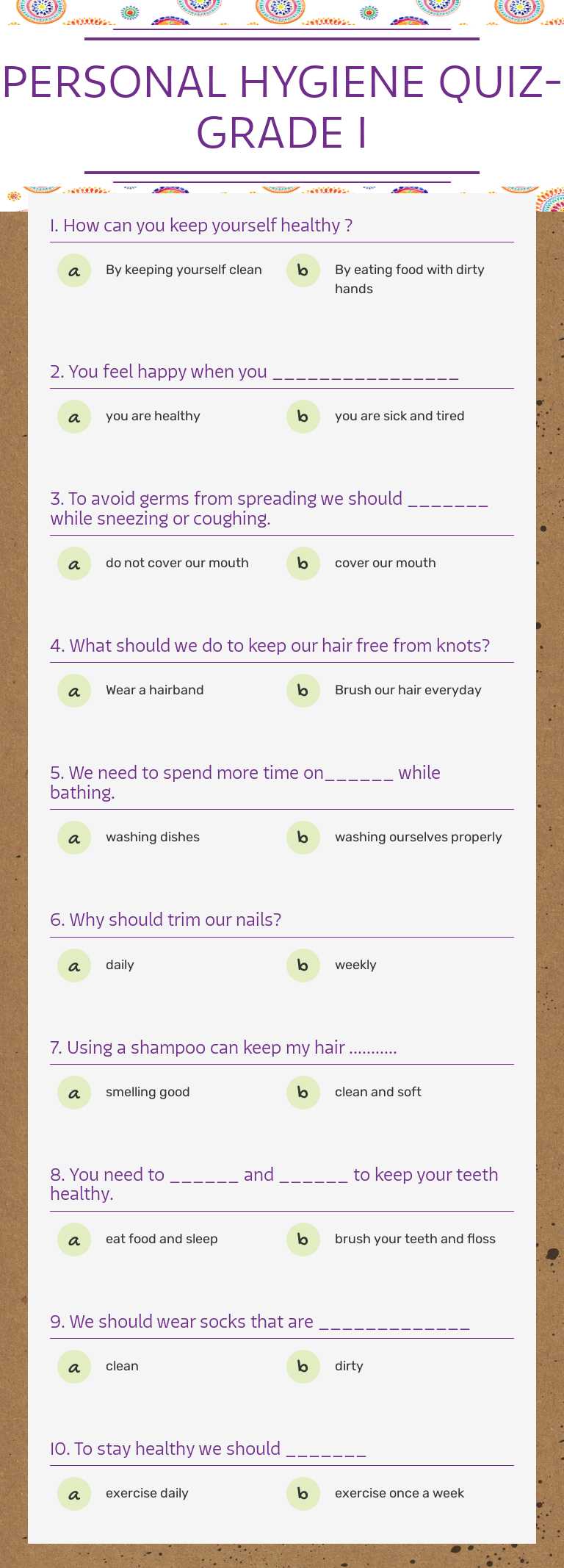 PERSONAL HYGIENE QUIZ-GRADE I Grade 1 worksheet preview