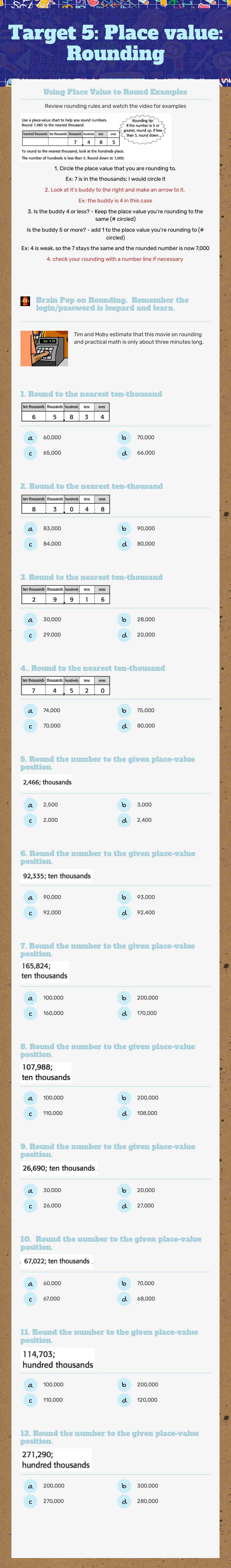Target 5:  Place value: Rounding worksheet preview image