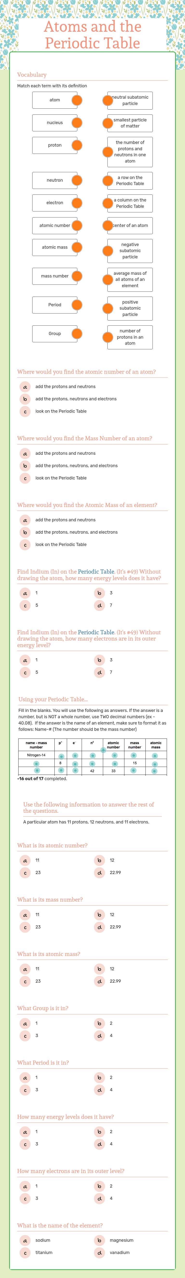 Atoms and the Periodic Table worksheet preview image