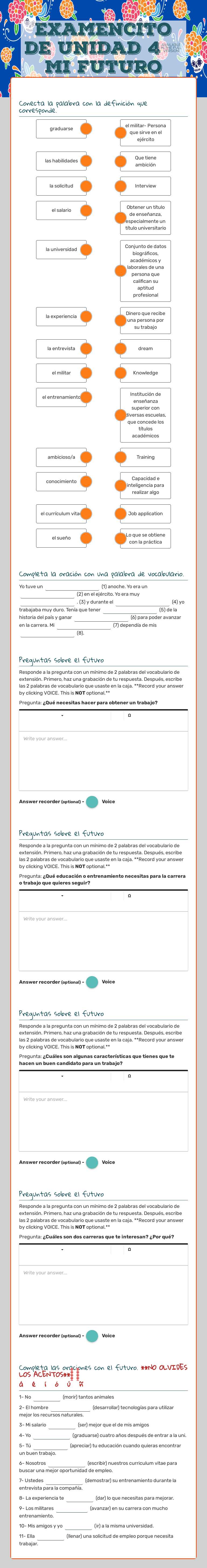 Examencito de unidad 4: Mi futuro worksheet preview image