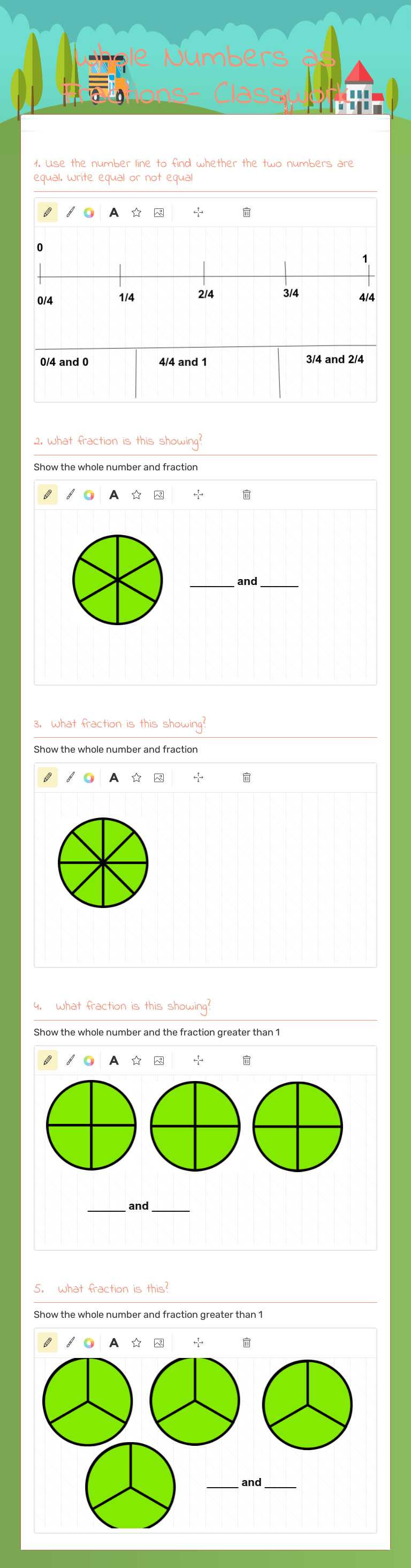 Whole Numbers as Fractions- Classwork worksheet preview