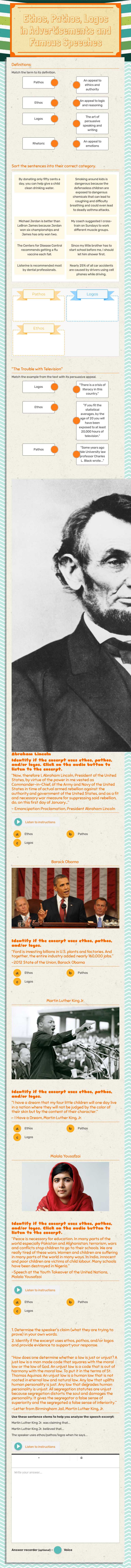 Ethos, Pathos, Logos in Advertisements and Famous Speeches worksheet preview image