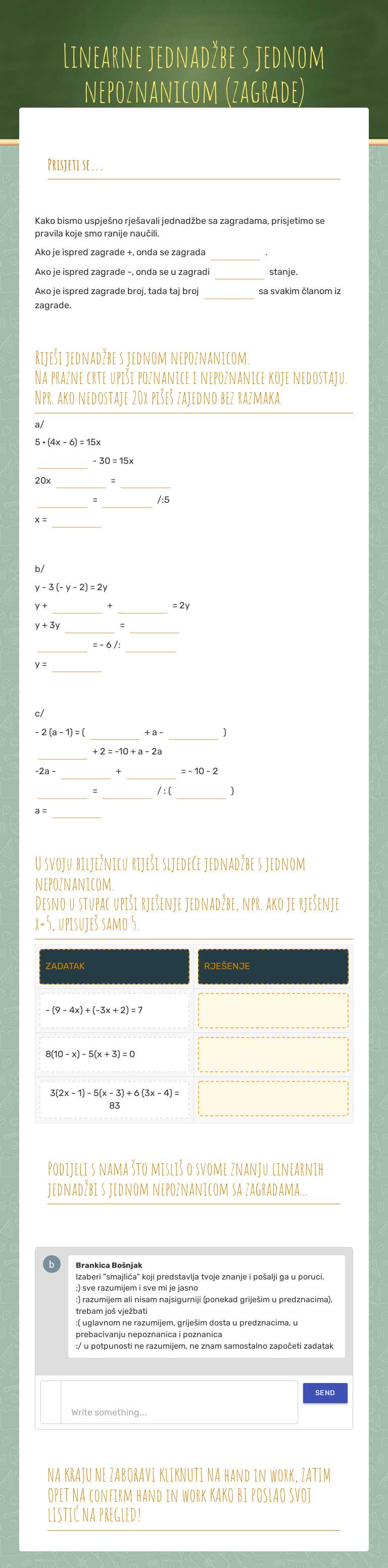 Linearne jednadžbe s jednom nepoznanicom 
(zagrade) worksheet preview image
