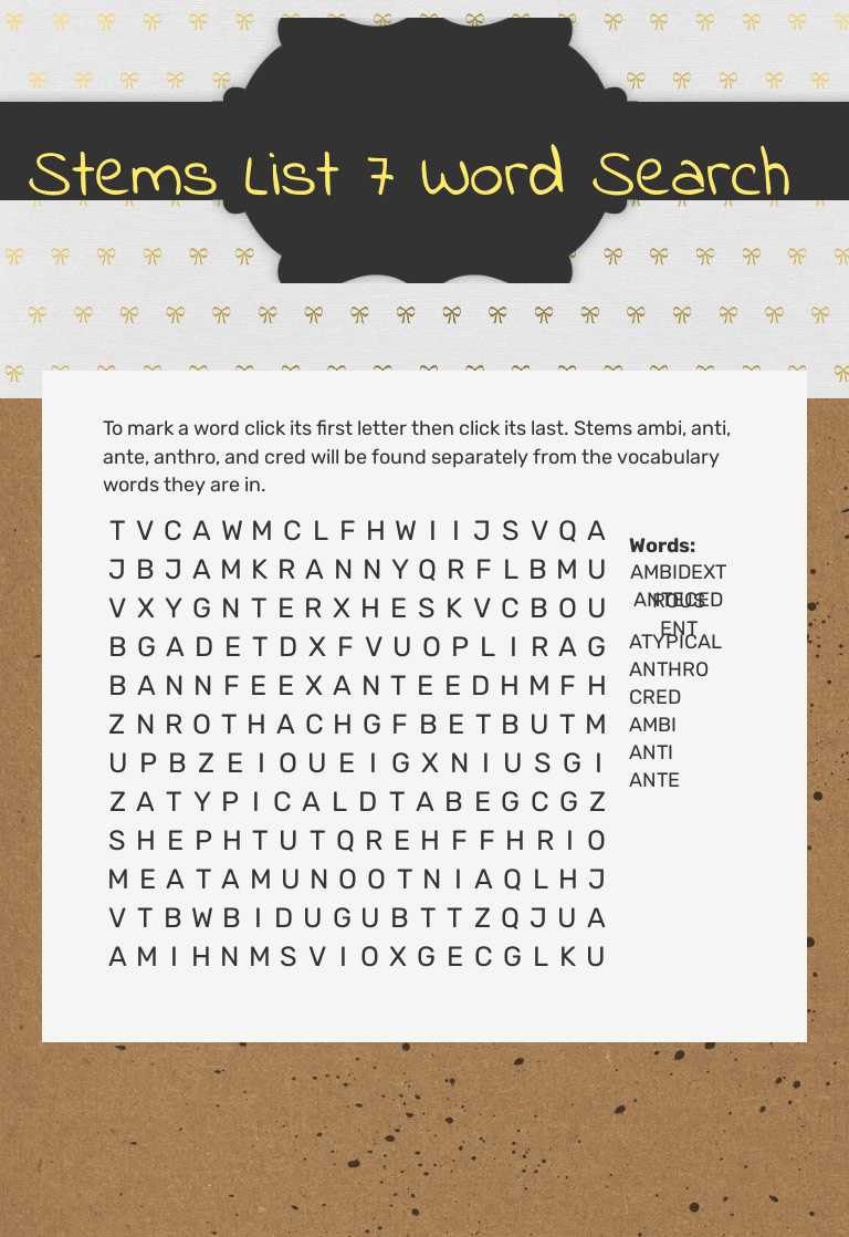 Stems List 7 Word Search worksheet preview image