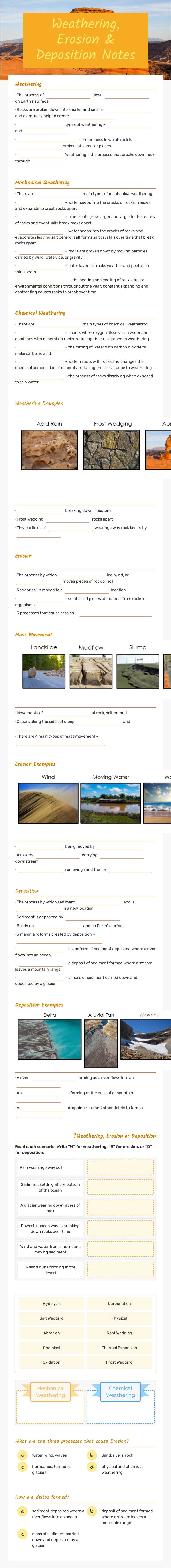 Weathering, Erosion & Deposition Notes Grade 8 worksheet preview