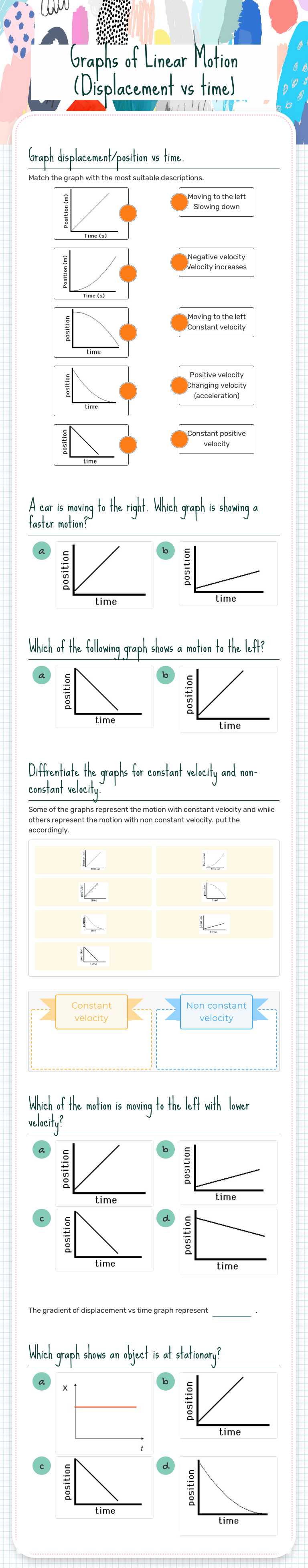 Graphs of Linear Motion (Displacement vs time) worksheet preview image