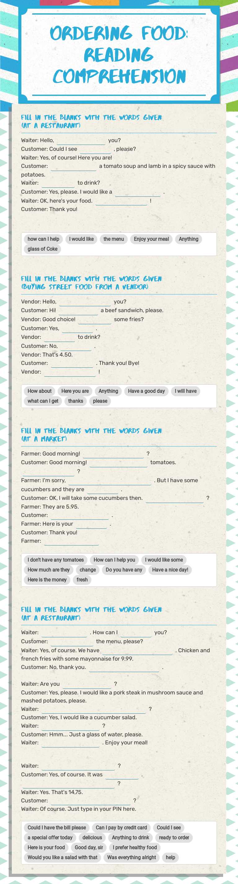 ORDERING FOOD: READING COMPREHENSION worksheet preview image