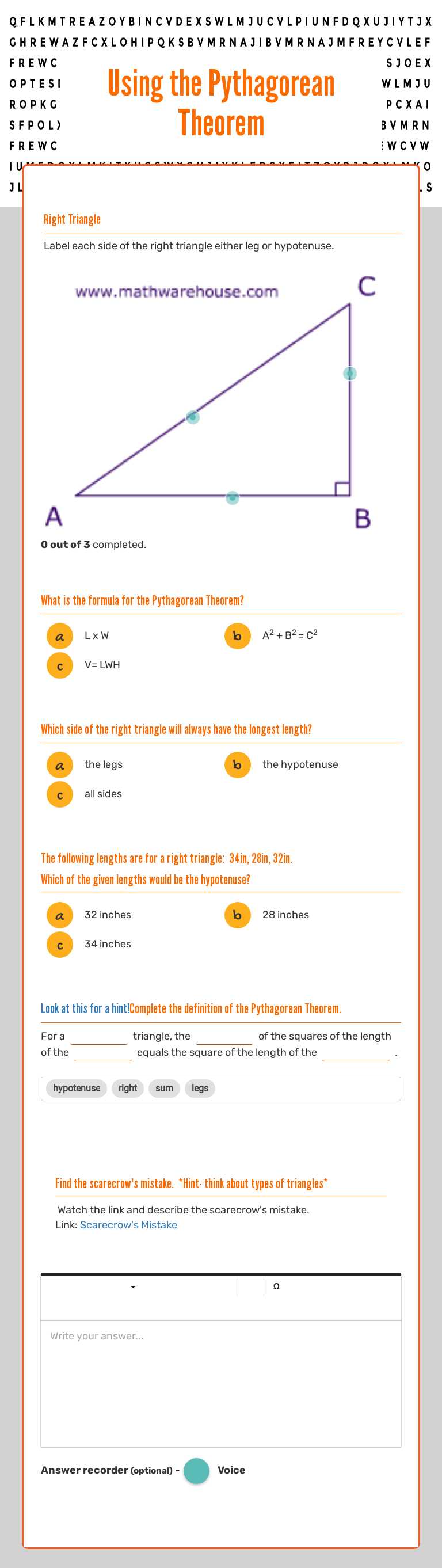 Using the Pythagorean Theorem worksheet preview image