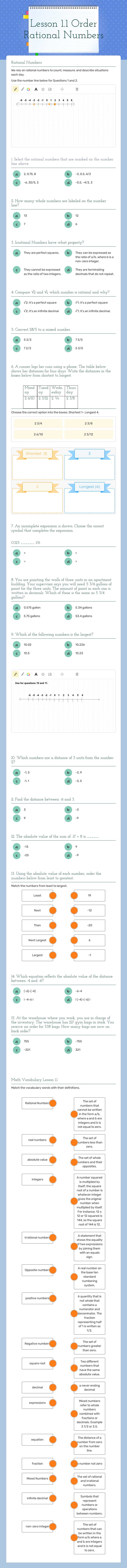 Lesson 1.1                     
 Order Rational Numbers worksheet preview image