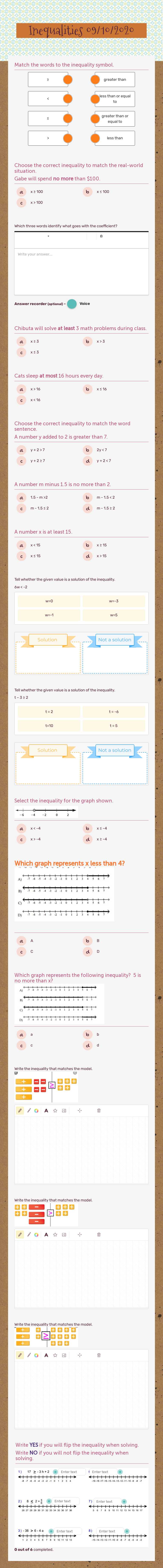 Inequalities 09/10/2020 Grade 7 worksheet preview