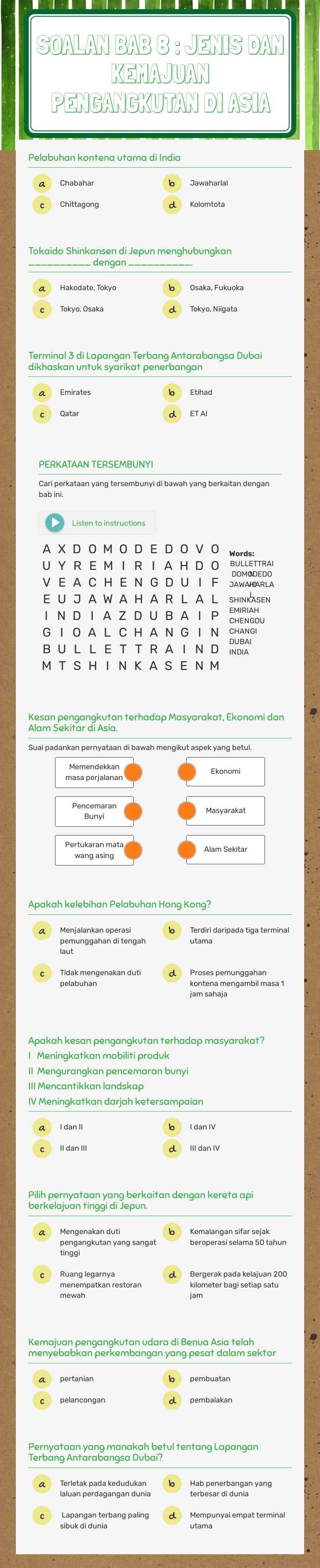 SOALAN BAB 8 : JENIS DAN KEMAJUAN PENGANGKUTAN DI ASIA worksheet preview image