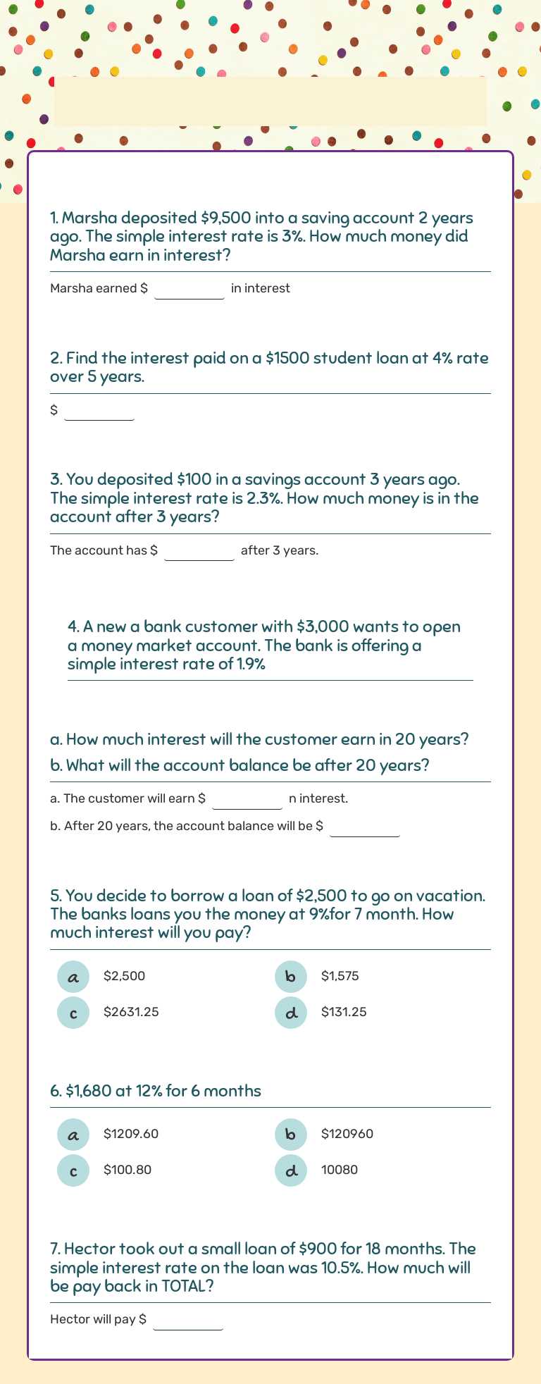 Simple Interest worksheet preview image