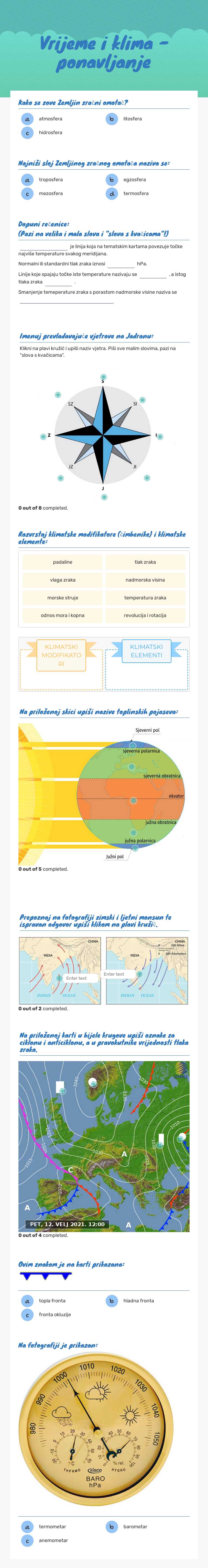 Vrijeme i klima - ponavljanje Grade 11 worksheet preview