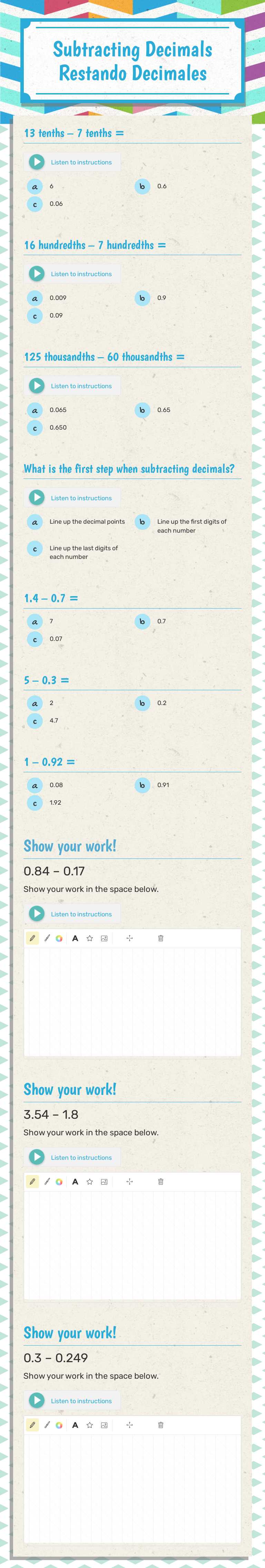 Subtracting Decimals
Restando Decimales worksheet preview image