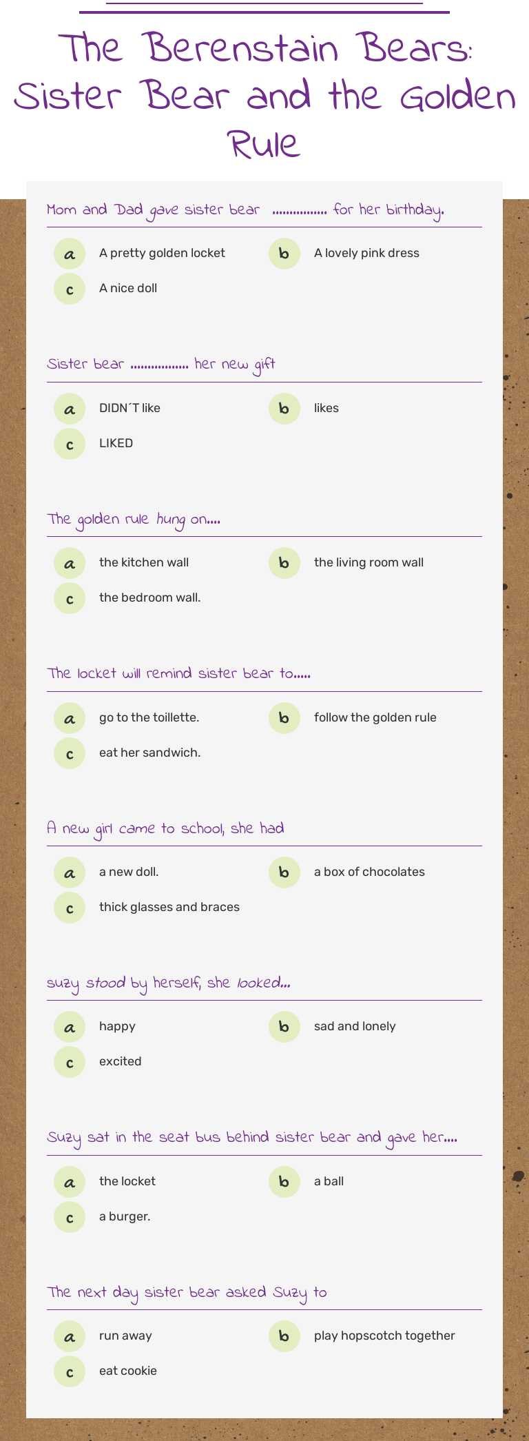 The Berenstain Bears: Sister Bear and the Golden Rule Grade 3 worksheet preview