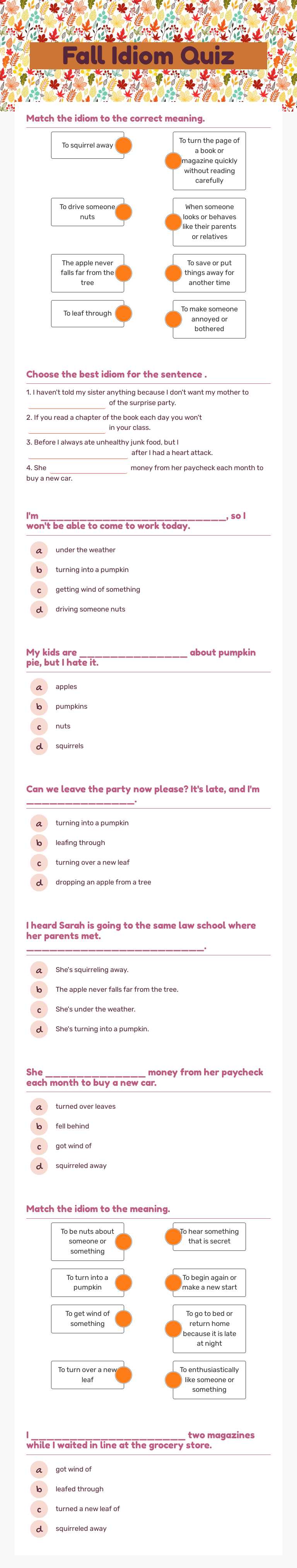 Fall Idiom Quiz Grade 10 worksheet preview