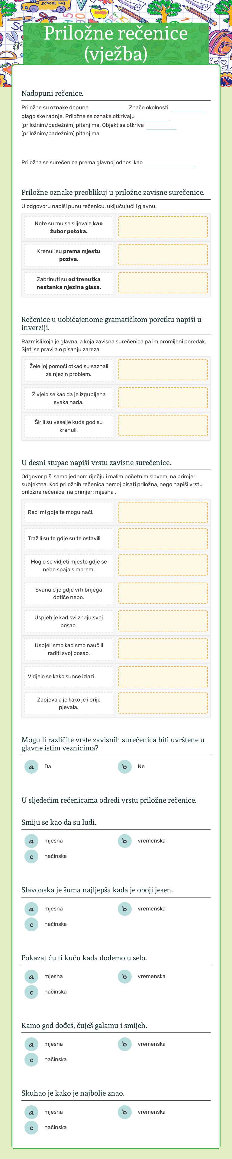 Priložne rečenice (vježba) Grade 7 worksheet preview
