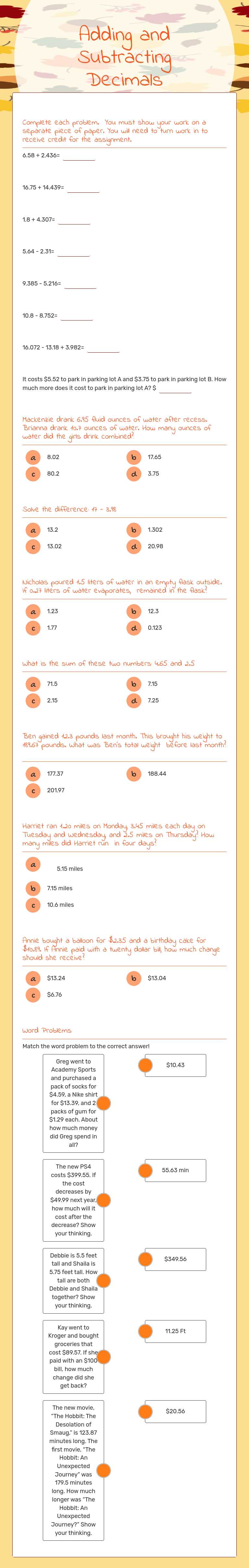 Adding and Subtracting Decimals worksheet preview image