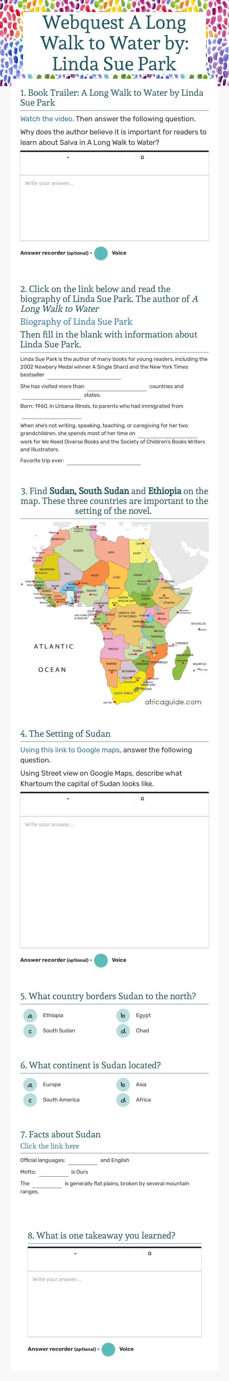 Webquest
A Long Walk to Water by: Linda Sue Park worksheet preview image