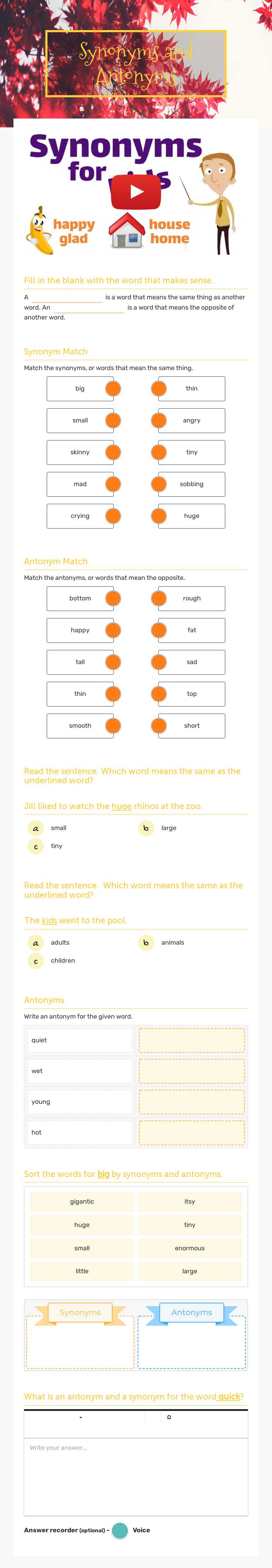 Synonyms and Antonyms worksheet preview image
