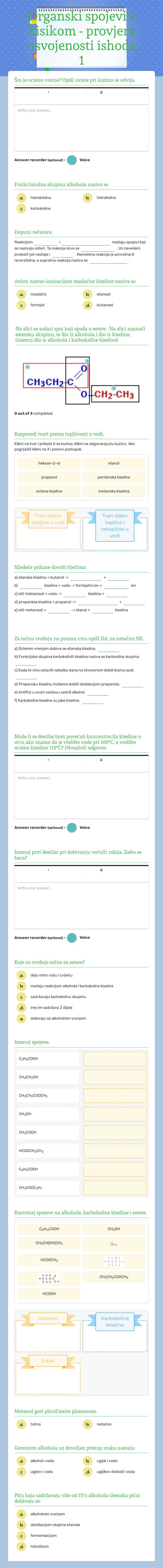 Organski spojevi s kisikom - provjera usvojenosti ishoda 1 Grade 8 worksheet preview