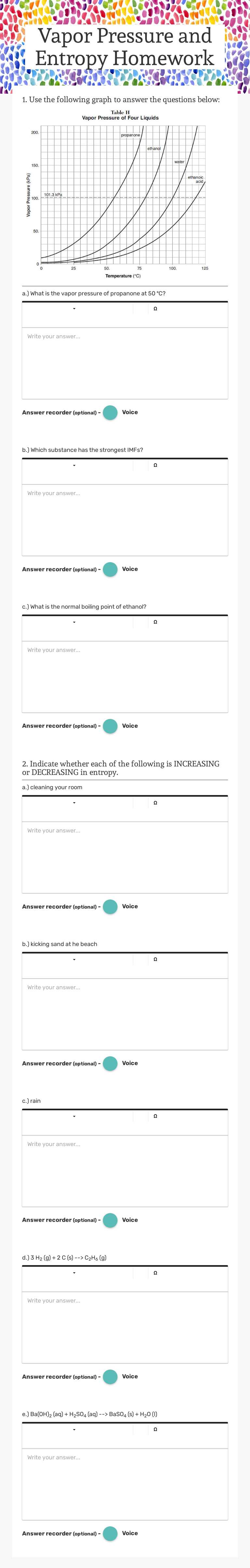 Vapor Pressure and Entropy Homework worksheet preview image