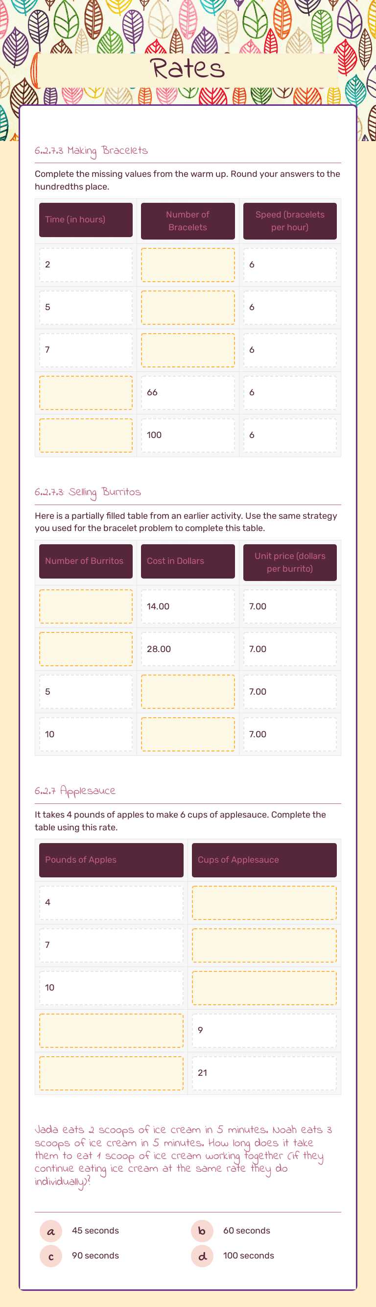 Rates Grade 6 worksheet preview