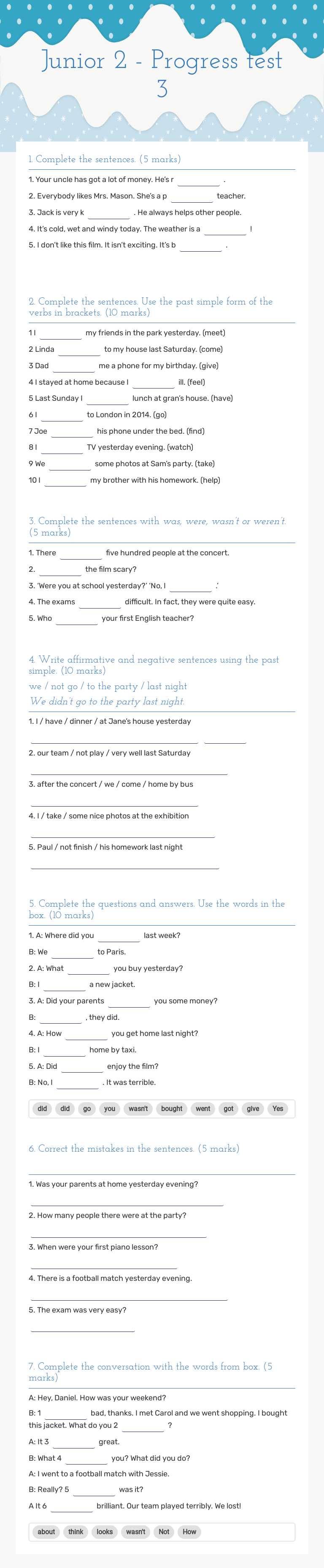 Junior 2 - Progress test 3 worksheet preview image