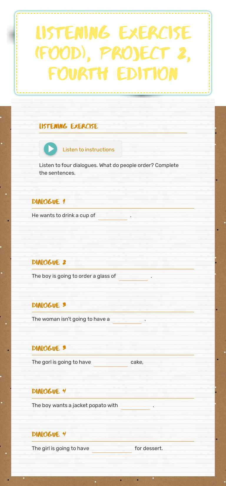 listening exercise (food), project 2, fourth edition worksheet preview image