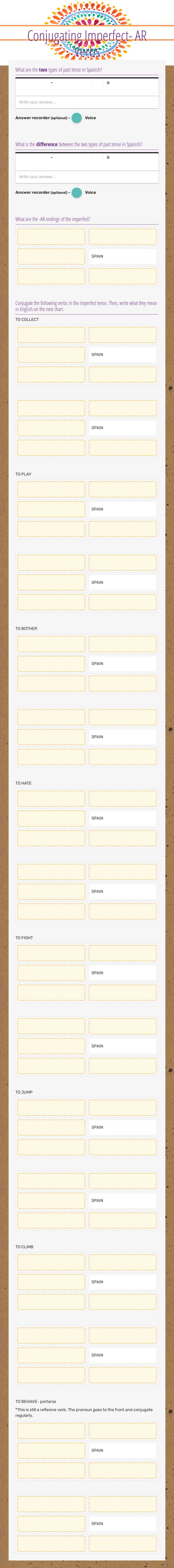 Conjugating Imperfect- AR Verbs worksheet preview image