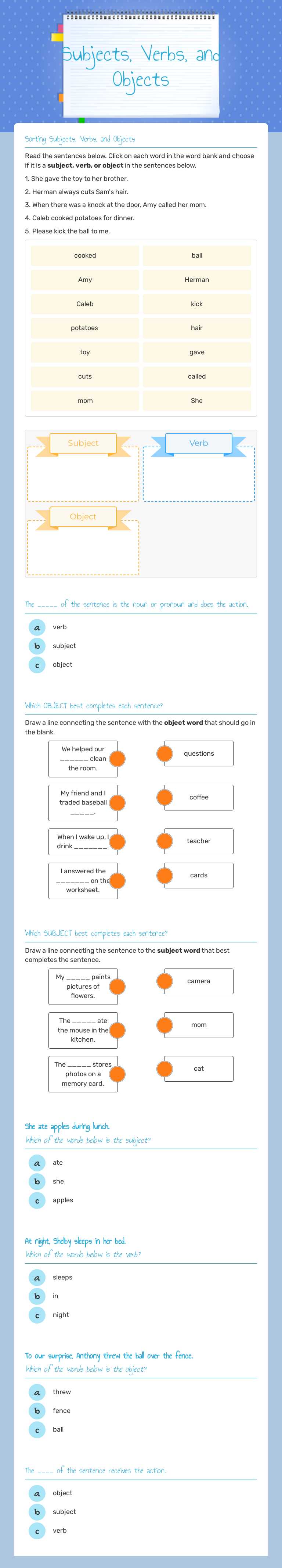 Subjects, Verbs, and Objects worksheet preview image