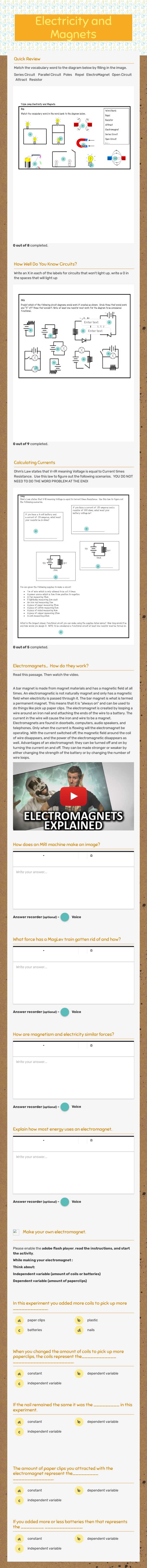 Electricity and Magnets Grade 7 worksheet preview