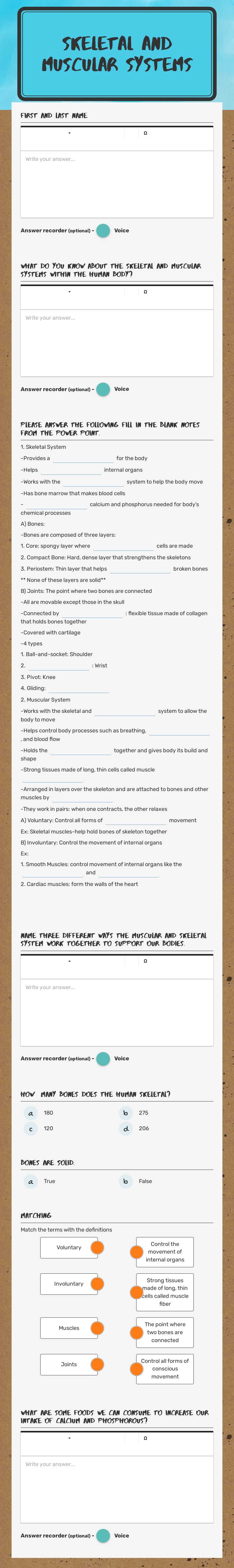 Skeletal and Muscular Systems worksheet preview image