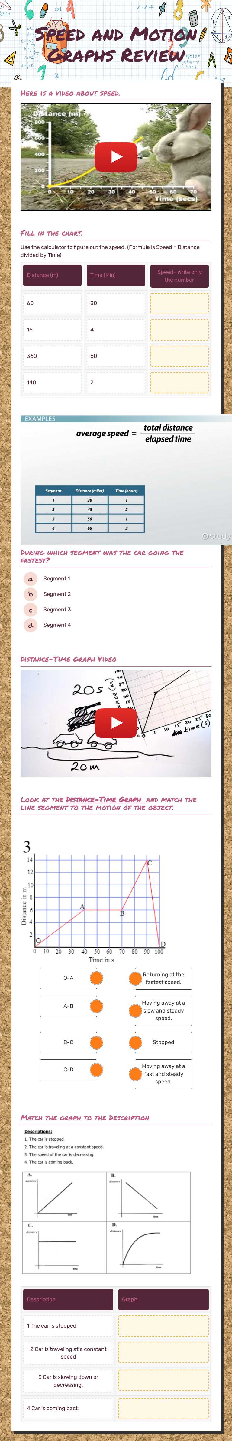 Speed and Motion Graphs Review worksheet preview image