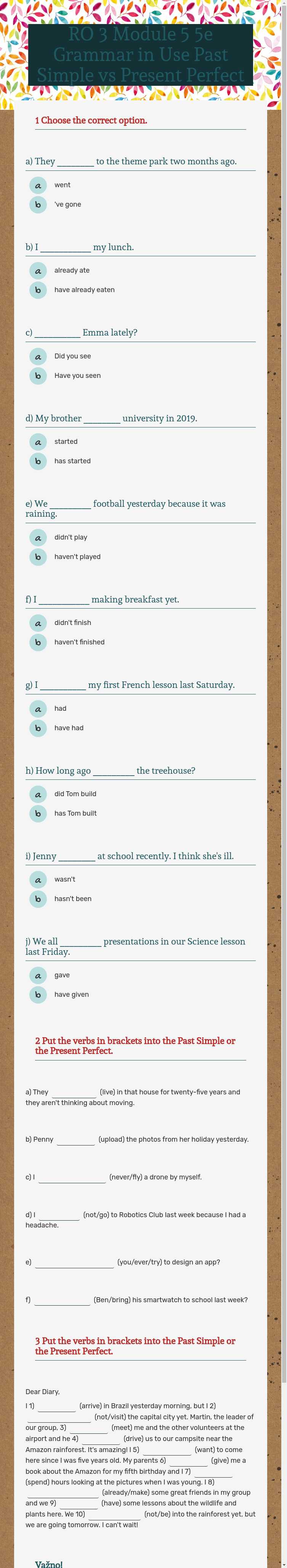 RO 3 Module 5                        
           5e Grammar in Use         Past Simple vs Present Perfect worksheet preview image