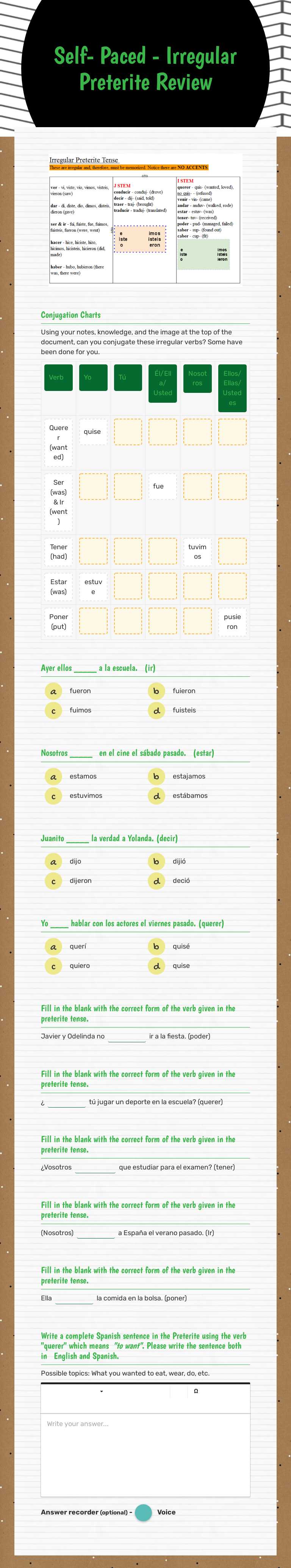 Self- Paced - Irregular Preterite Review worksheet preview image