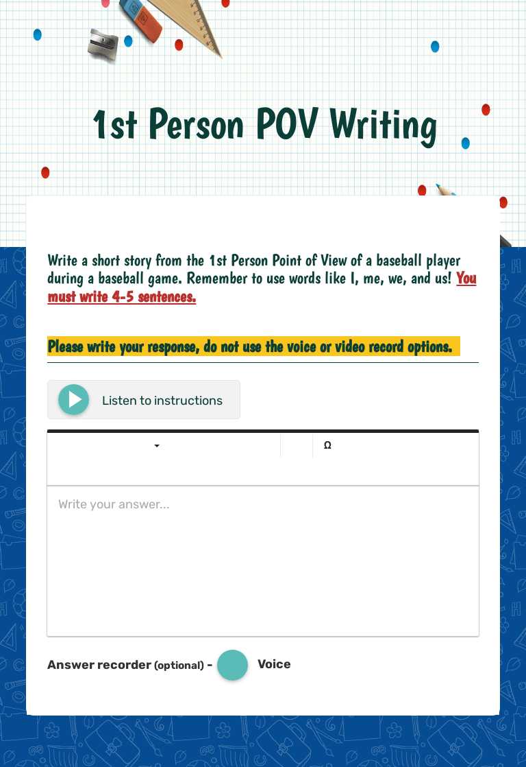 1st Person POV Writing Grade 4 worksheet preview