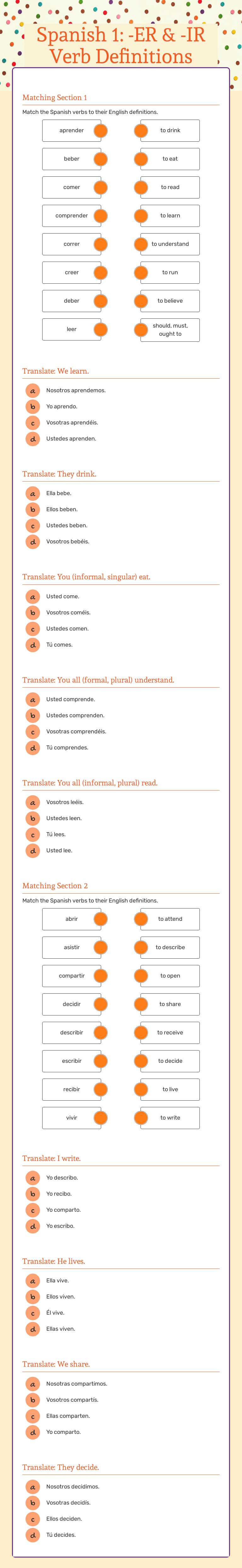 Spanish 1: -ER & -IR Verb Definitions/Conjugations worksheet preview image