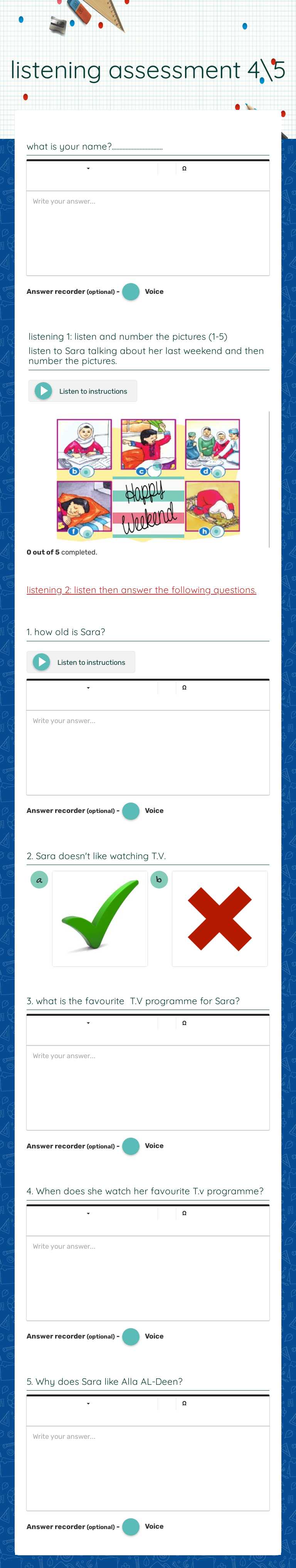 listening assessment 4\5 Grade 4 worksheet preview