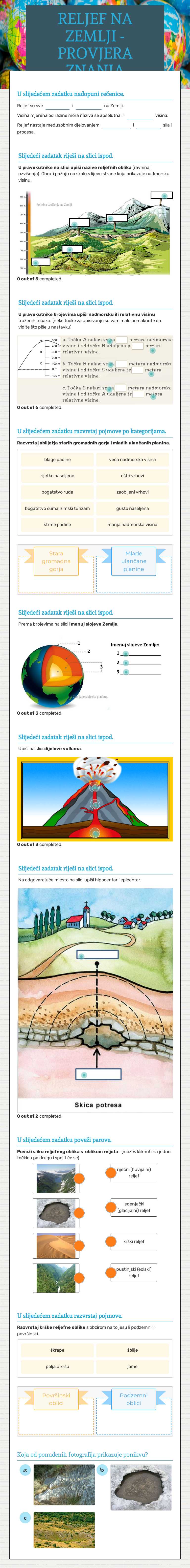 RELJEF NA ZEMLJI - PROVJERA ZNANJA Grade 5 worksheet preview