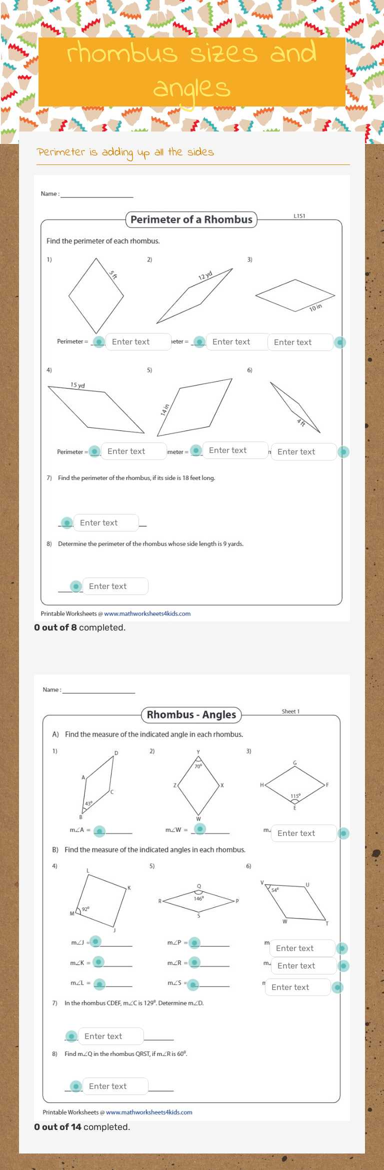 rhombus sizes and angles worksheet preview image