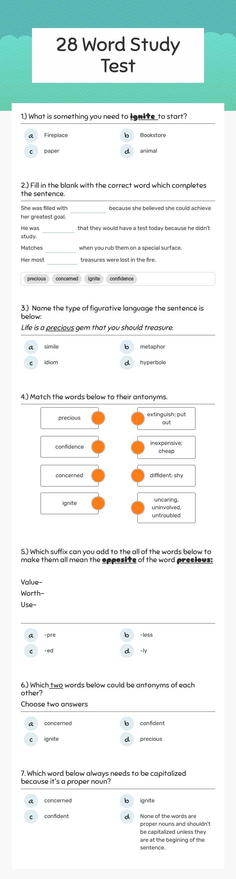 28 Word Study Test worksheet preview image