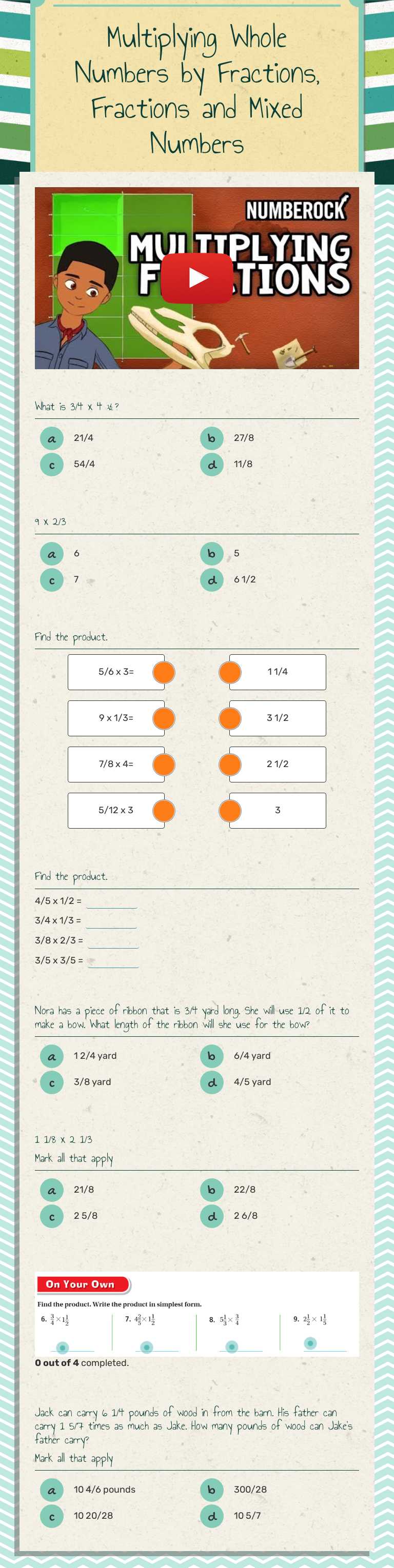 Multiplying Whole Numbers by Fractions, Fractions and Mixed Numbers Grade 5 worksheet preview
