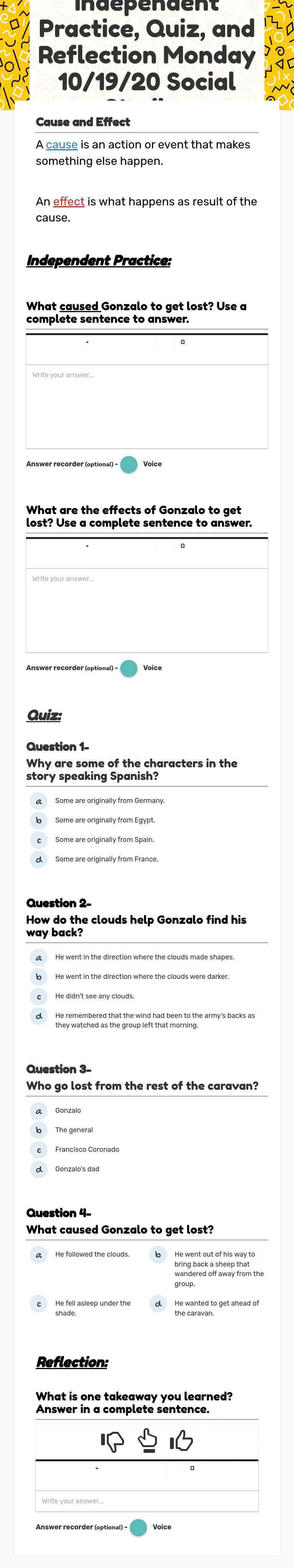 Independent Practice, Quiz, and Reflection Monday 10/19/20 Social Studies Grade 3 worksheet preview